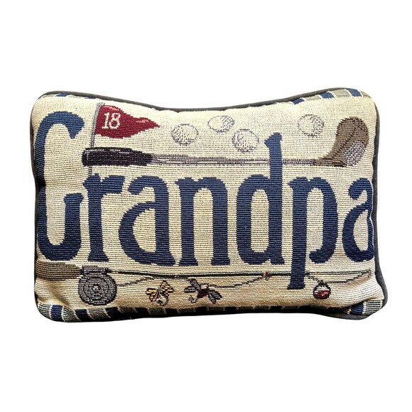 Grandpa Decorative Tapestry Throw Pillow With Fishing & Golf Design - Picture 1 of 6